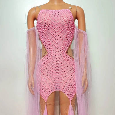 Pink Rhinestones Pearls Dress For Women