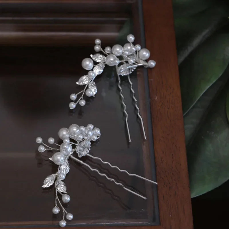 Fashion Pearls Jewelry Bridal Hair Pins Clips Girls Piece Gold Silver Color Leaf Women Wedding Prom Headpiece