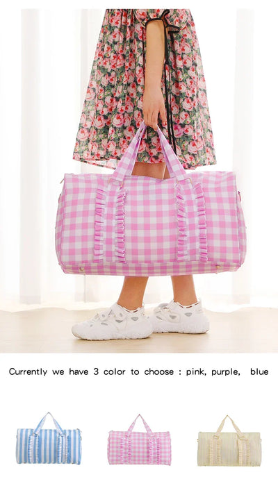 Nylon Duffel Bag Women Ruffle Duffle Gingham Weekend Sports Overnight Travel Vacation Gift Stripe Detachable Adjustable Strap