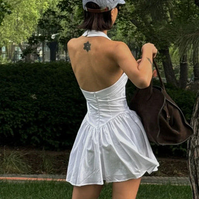 A-Line Dress Women Summer New White Fashion Halter Sleeveless Sexy Backless Dresses Casual Slim Club Party Elegant Lady Dress