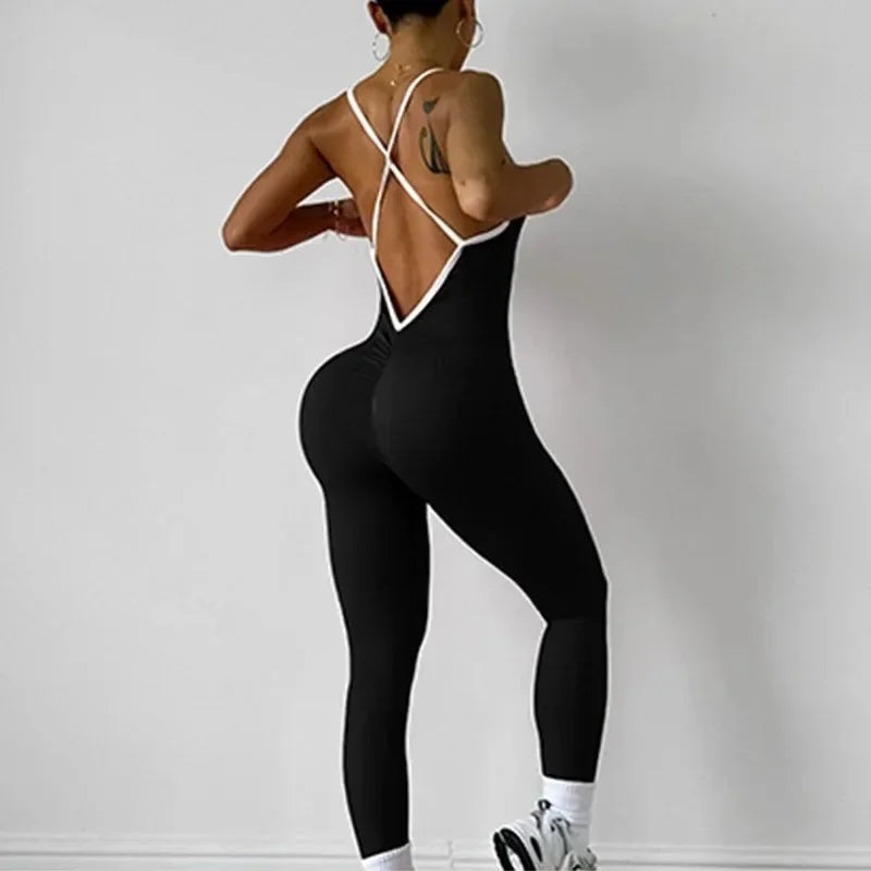 Women Seamless Sports Jumpsuit Ribbed Slim Running  Bodysuit Gym Workout Sportswear Fashion Color Block High Elastic Yoga Suit