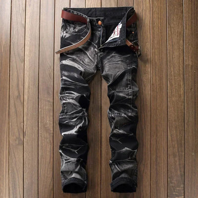 2025 Men's Fashion Vintage Jeans Slim Straight Leg Tie Dye Pleated Biker Denim Pants Male Casual Pants Oversized 42 High Quality