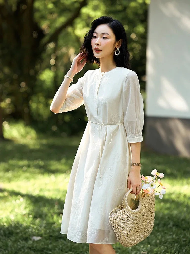 Designer Summer Dress Women O-Neck Silk Half Sleeve High Waist Elegant Party Dress White