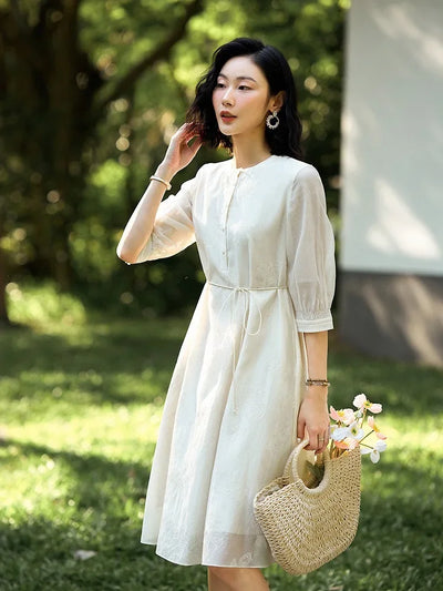 Designer Summer Dress Women O-Neck Silk Half Sleeve High Waist Elegant Party Dress White