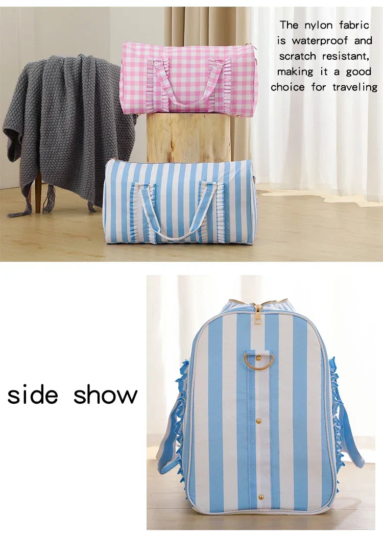 Nylon Duffel Bag Women Ruffle Duffle Gingham Weekend Sports Overnight Travel Vacation Gift Stripe Detachable Adjustable Strap