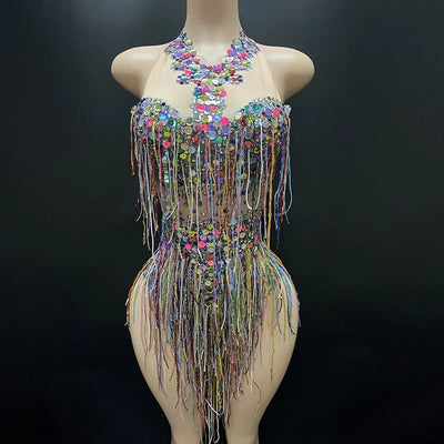 Women Sexy Waist Hollow Bodysuit Colorful Tassel Rhinestone Jumpsuits Holiday Party Dress Ds Dj Nightclub Bar Singer Dance Dress