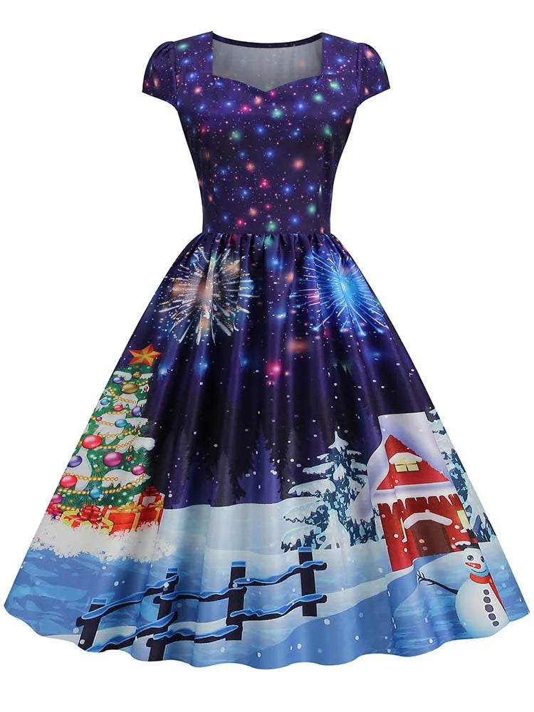 Christmas Dresses for Women Winter Pinup Rockabilly Sexy Cosplay Party Dress Santa Claus Snow Print Cocktail Prom Dress