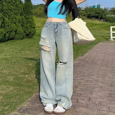 Ripped wide leg jeans for women, slim fit, summer high waisted, loose fit, slimming, floor length straight leg pants