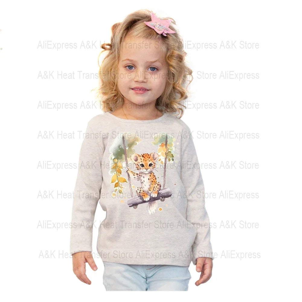 Baby Animal On Swings Heat Transfers For Kids Clothing Elephant Tigers Lion Stickers On Clothes Diy Thermal Patches Decals