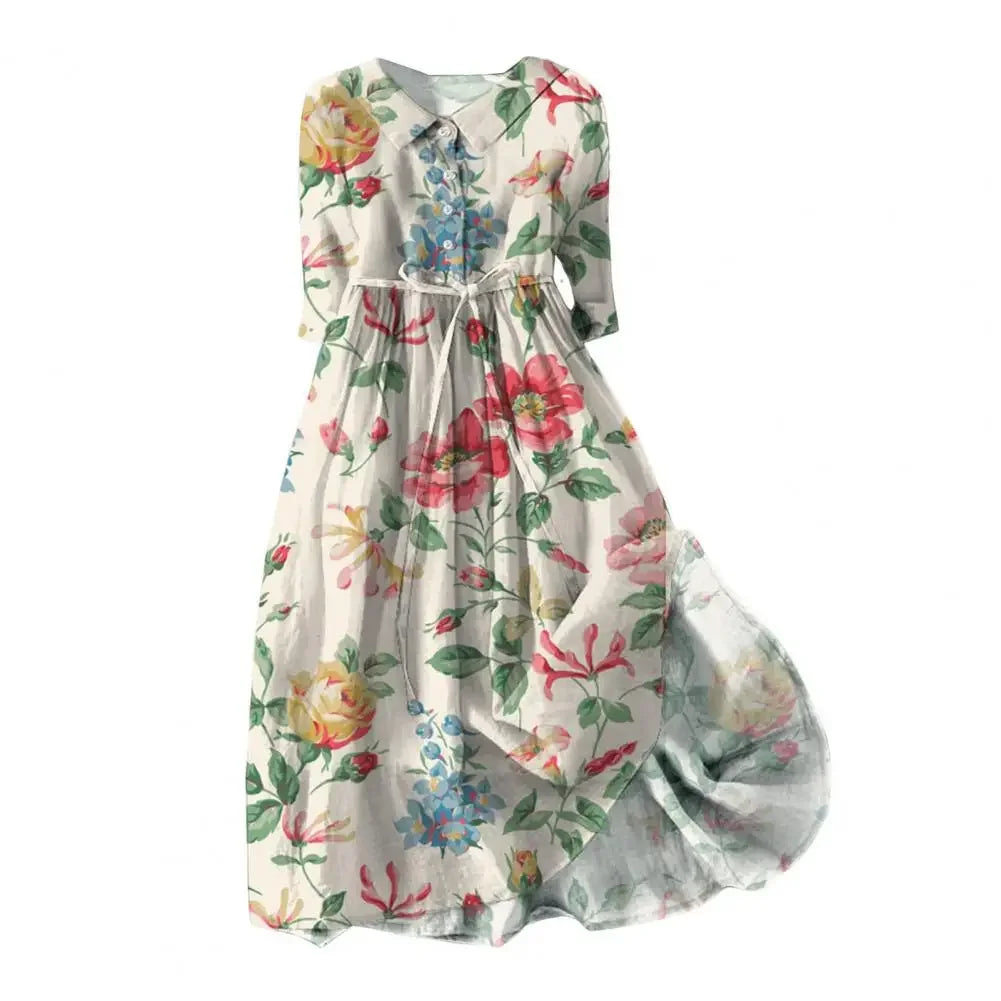 A-line Dress Bohemian Floral Print Midi Dress with Lace-up Detail A-line Silhouette for Women Spring Fashion Statement Women