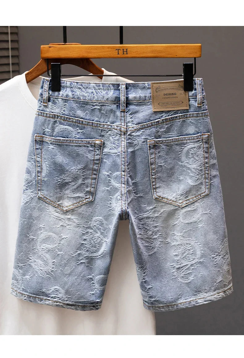 2024 New Men's Denim Shorts Fashion Printed Designer Jeans Personality High Street Straight Male Clothes Short Pants