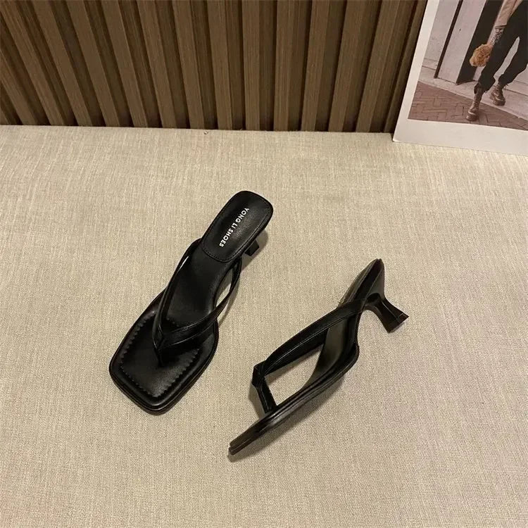 Flip Flops Women Summer Outside New Square Head Slim Heel Sandals Fashion Clip Toe Slippers Women Sandals Pantuflas De Mujer