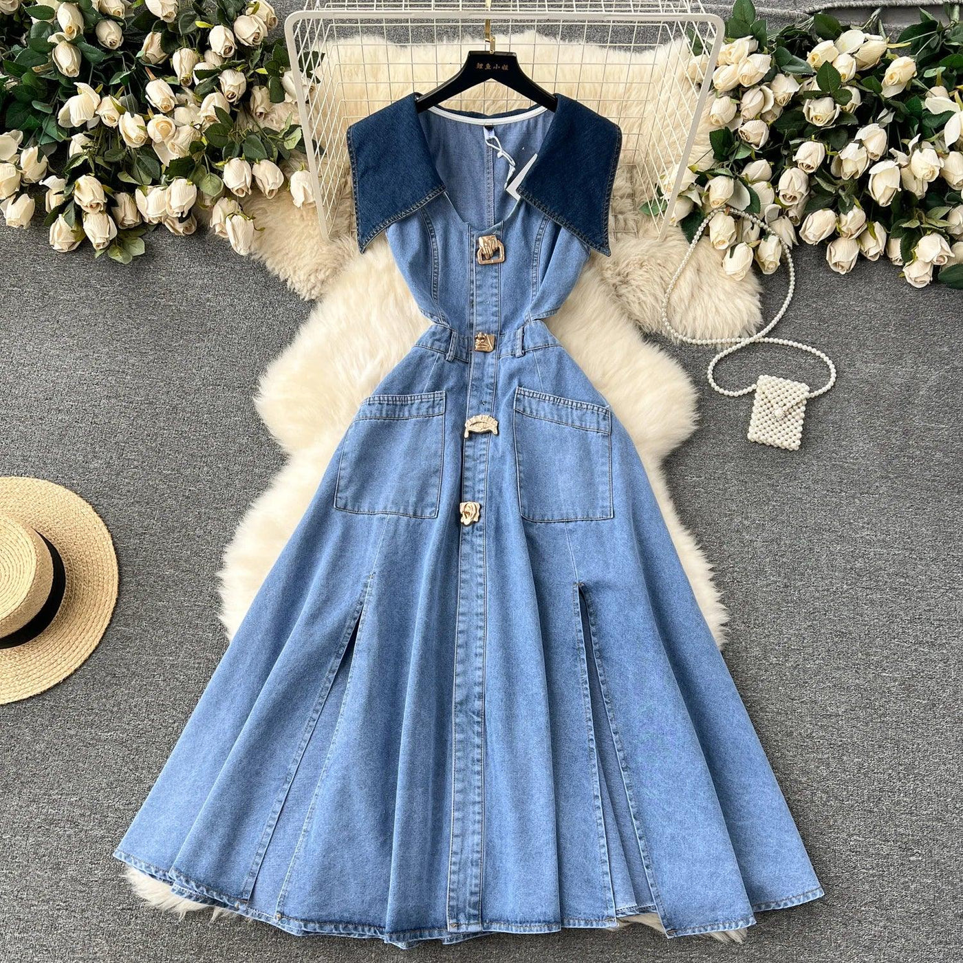 Designer Denim Dress Women Long Dresses Single Breasted Big Turn-down Collar Waist Slimming Temperament Split A-Line Vestidos