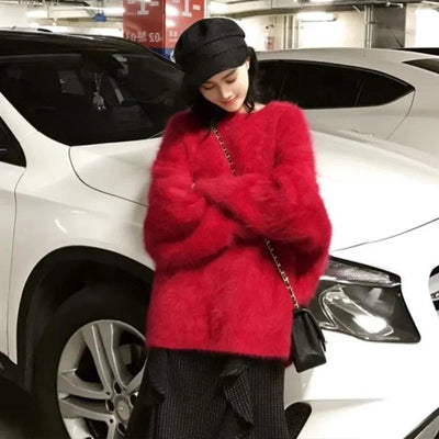 2023 New Year Sweaters For Women High Quality Autumn Winter Mohair Knitted Thick Warm Red Loose Mink Cashmere Pullovers