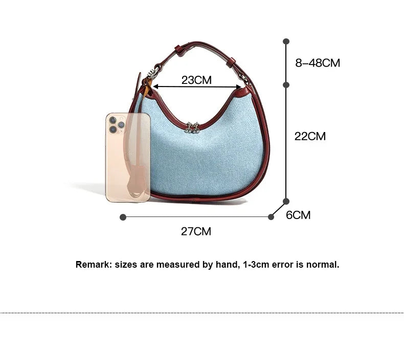2024 New Women Bag Lady Fashion Half Moon Underarm Shoulder Bag Messenger Female Summer Soft Lightweight Denim Fabric Handbag