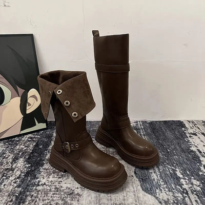 Women's Knee-High Boots Fashion Lapel Casual Leather Boots Non Slip Platform Boots for Women Trendy Knight Boot Botas Mujer2025