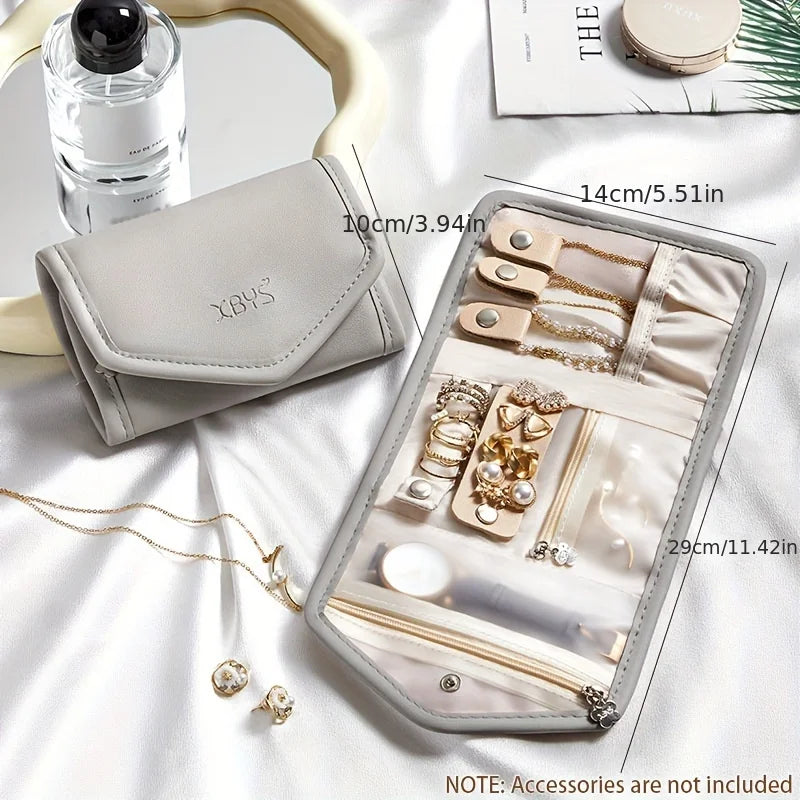 Travel Jewelry Organizer Bag, PU Material Necklace Earring Ring Storage Pouch with Watch Compartment, Portable Zippered