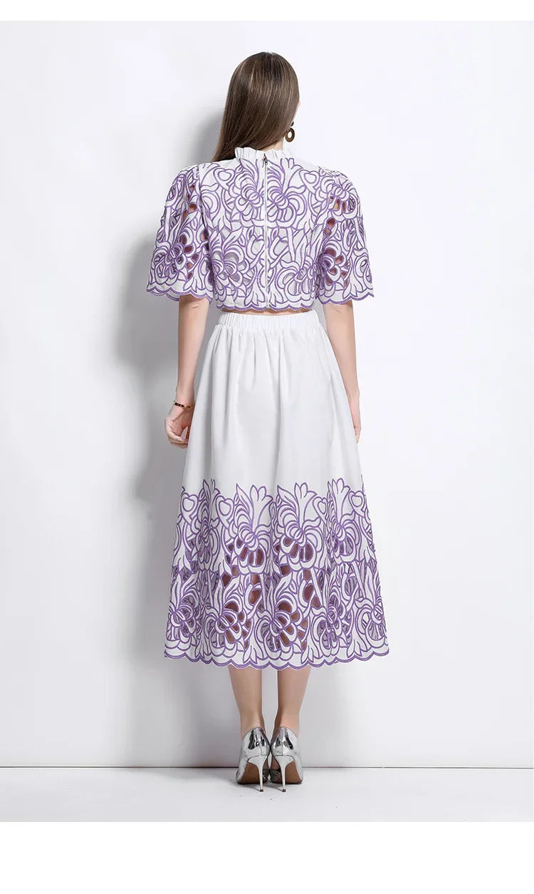 Summer Short Sleeve A-LINE Set Skirt for Women Fashion Ruffled Collar Embroidery Set Skirt Women Vestidos De Verano Mujer Q344