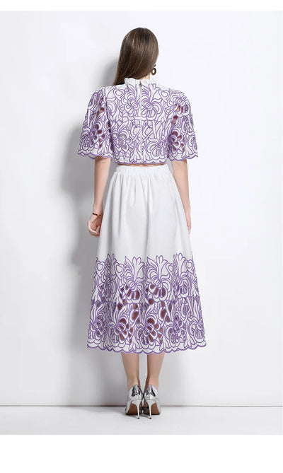 Summer Short Sleeve A-LINE Set Skirt for Women Fashion Ruffled Collar Embroidery Set Skirt Women Vestidos De Verano Mujer Q344