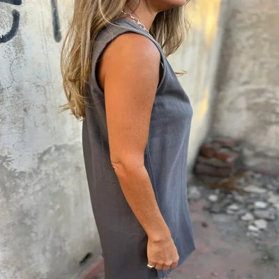 2025 Fashion Casual Cotton Linen Dresses For Women Summer Sleeveless Button Pocket Deep V Neck Party Mini Female Dresses Blue