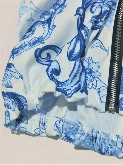 Women's Floral Print Bomber Jacket - Casual Zip Up Long Sleeve Outerwear