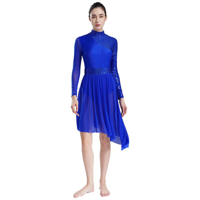 Women Modern Lyrical Dress Camisole Dance Costume Ballet Asymmetric High-Low Mesh Skirted Sleeveless Leotard Gymnastic Dancewear