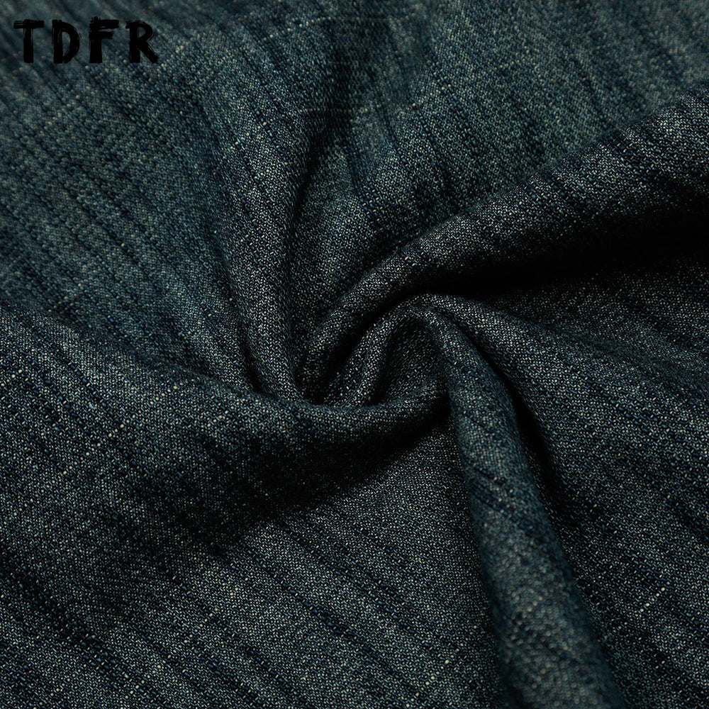 Retro Jacquard Denim Shorts Mens Pocket Summer Streetwear Washed Distressed Loose Wide Leg Short Jeans Men