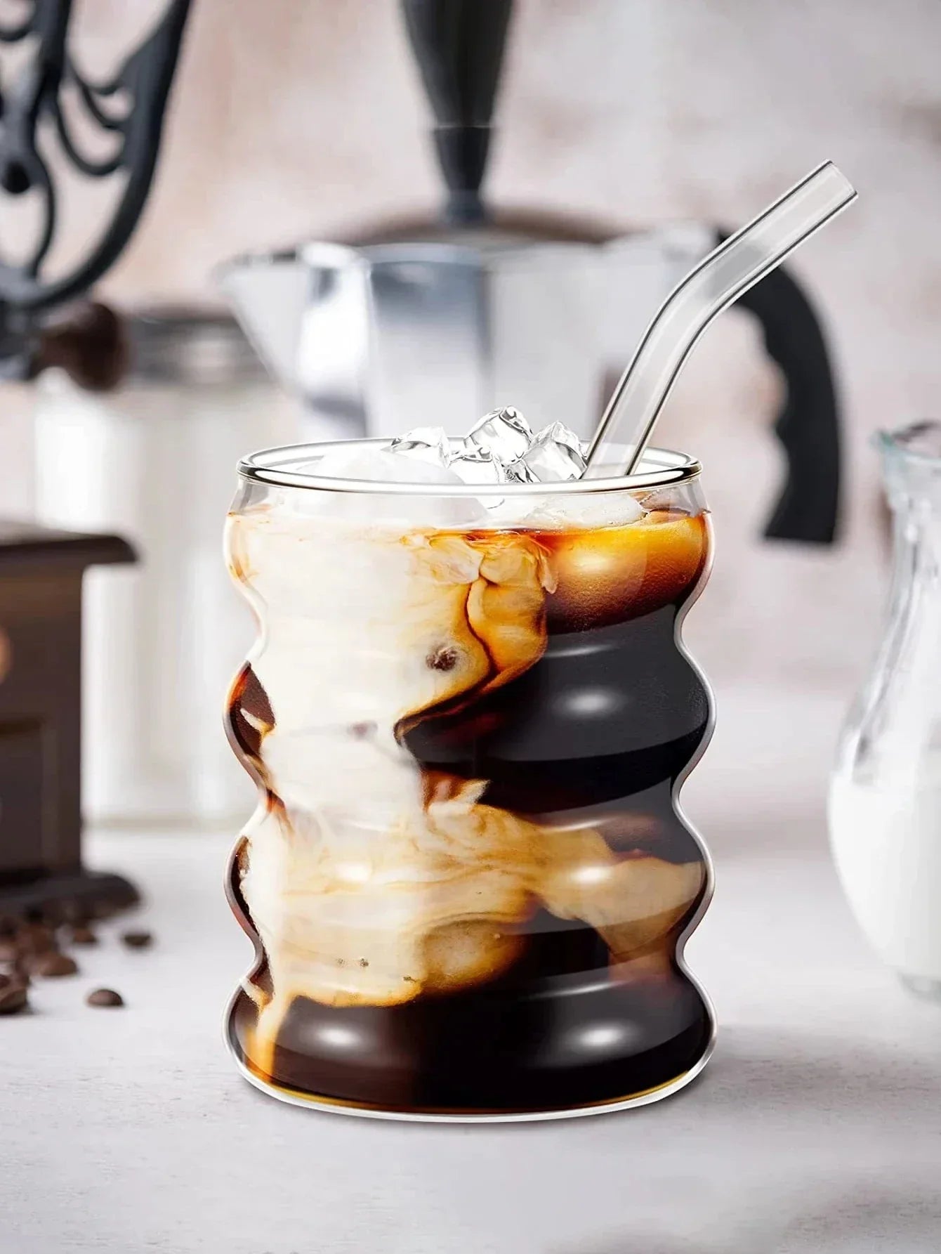 Leeseph 4Pcs Creative Glass Cups Coffee Mug Vintage Drinking Glasses Ribbed Glassware Aesthetic Cups with Straws Set