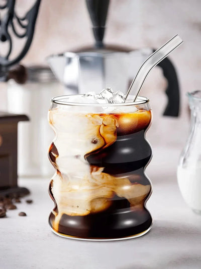 Leeseph 4Pcs Creative Glass Cups Coffee Mug Vintage Drinking Glasses Ribbed Glassware Aesthetic Cups with Straws Set