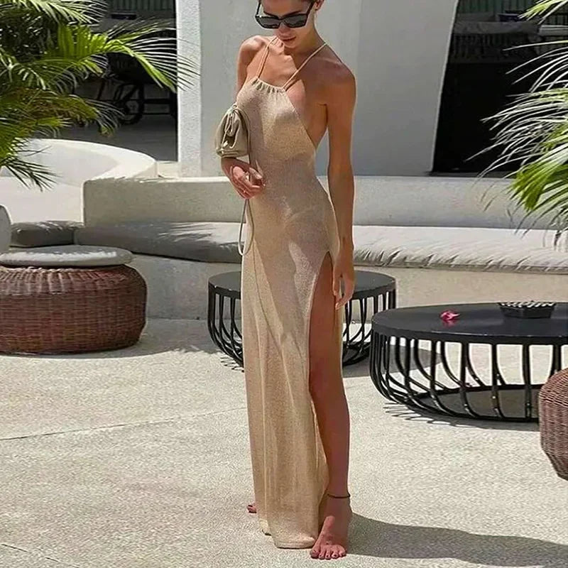2025 Knitted Cover Up Beach Sexy See-through Long Slit Slim Dress Summer Bikini Cover Up Elegant Halter Neck Beach Skirt