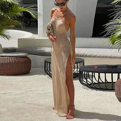 2025 Knitted Cover Up Beach Sexy See-through Long Slit Slim Dress Summer Bikini Cover Up Elegant Halter Neck Beach Skirt