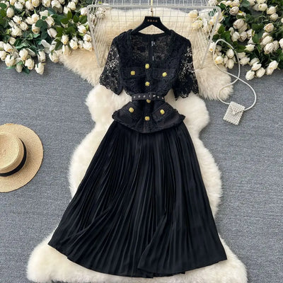Designer 2025 Summer Pleated Chiffon Lace Long Dress Women Flower Embroidery Gold Button Belt Evening Party Dresses Wedding Robe