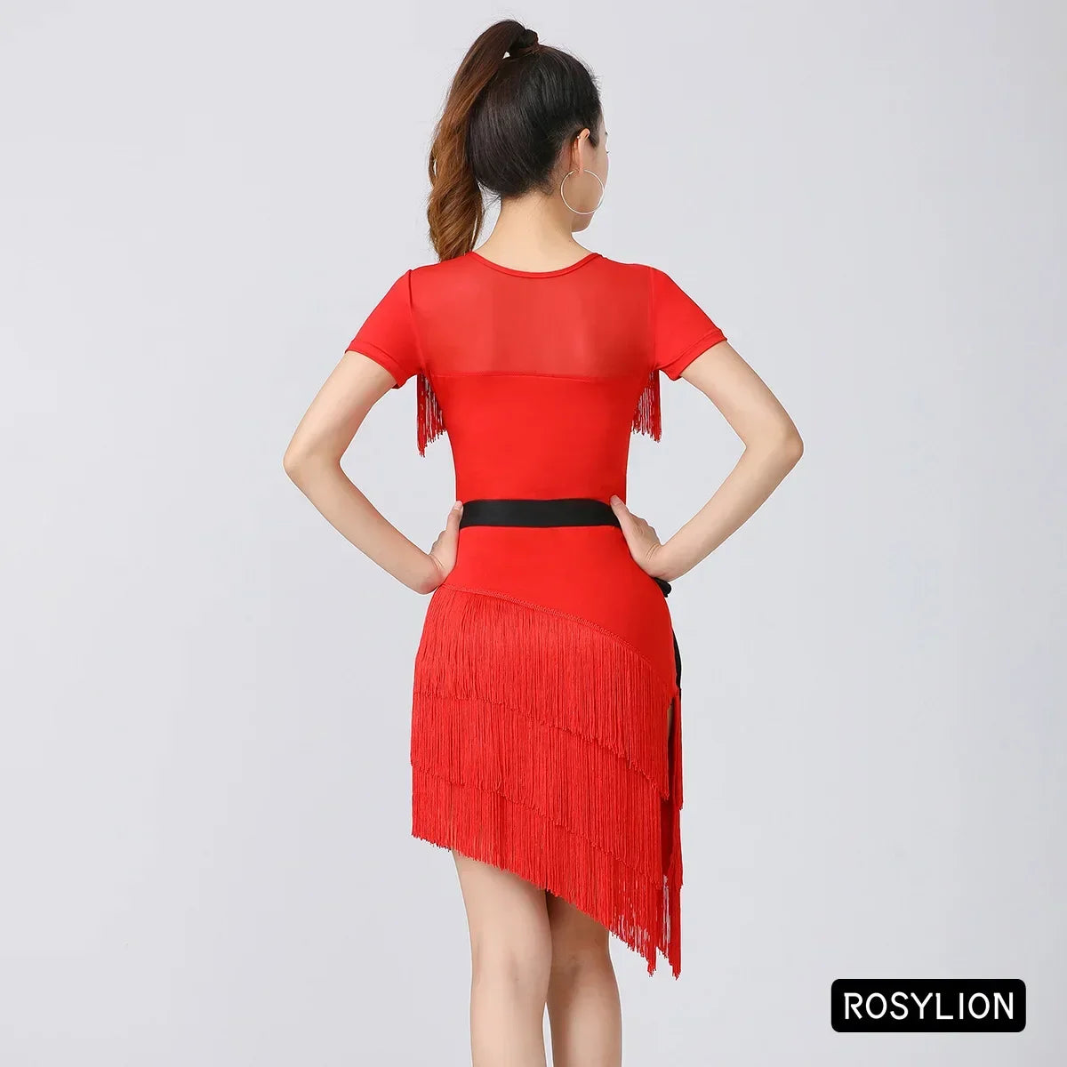 Women Latin Dance Outfit for Female Adults High End Slim Short Sleeve Tassel Split Dress Purple Red Sexy Practice Dance Clothing