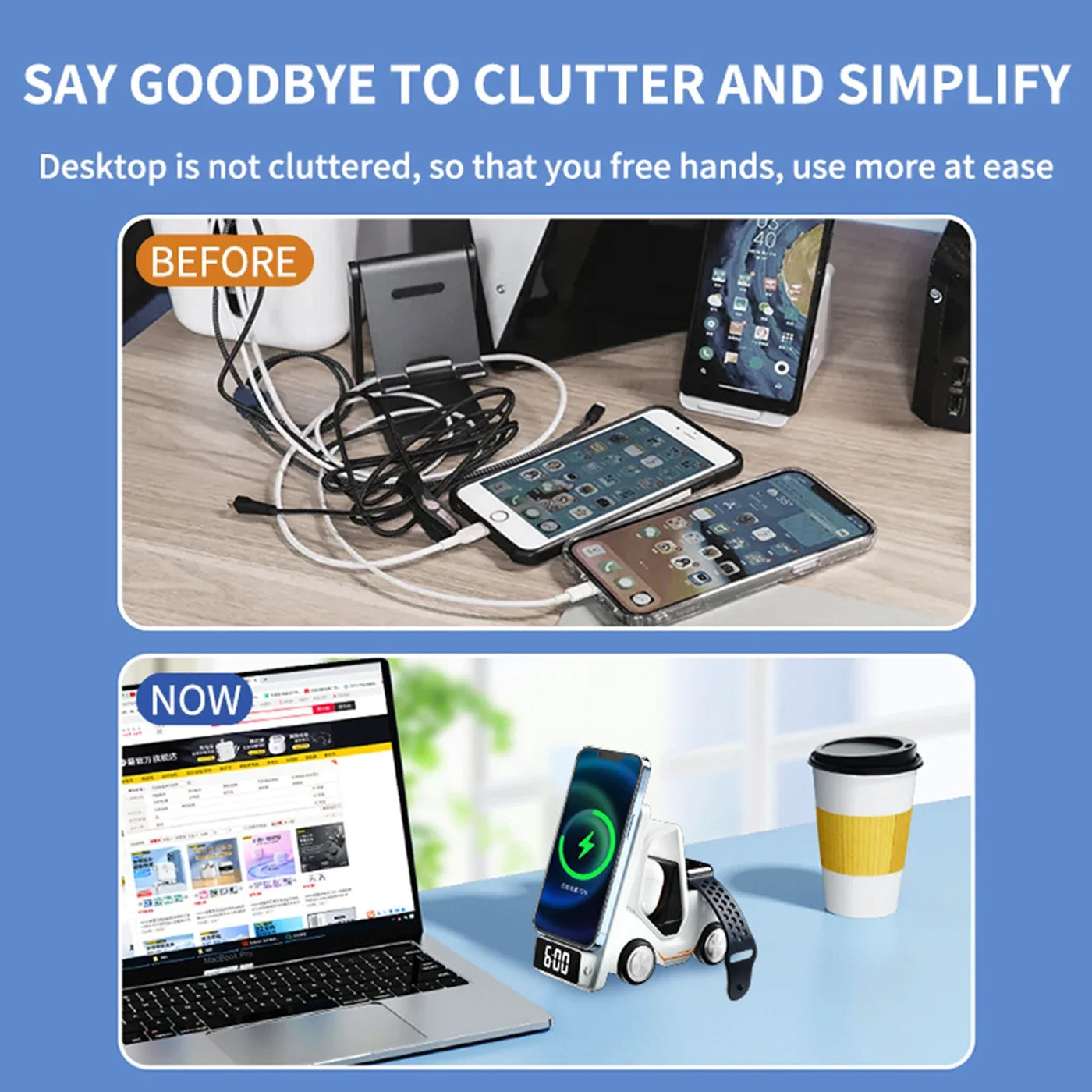 Wireless Charger Stand 5 In 1 Alarm Clock For IPhone 15 14 13 12 Pro Max 8 X XS XR iWatch 8 7 6 5 Airpods Fast Charging Station