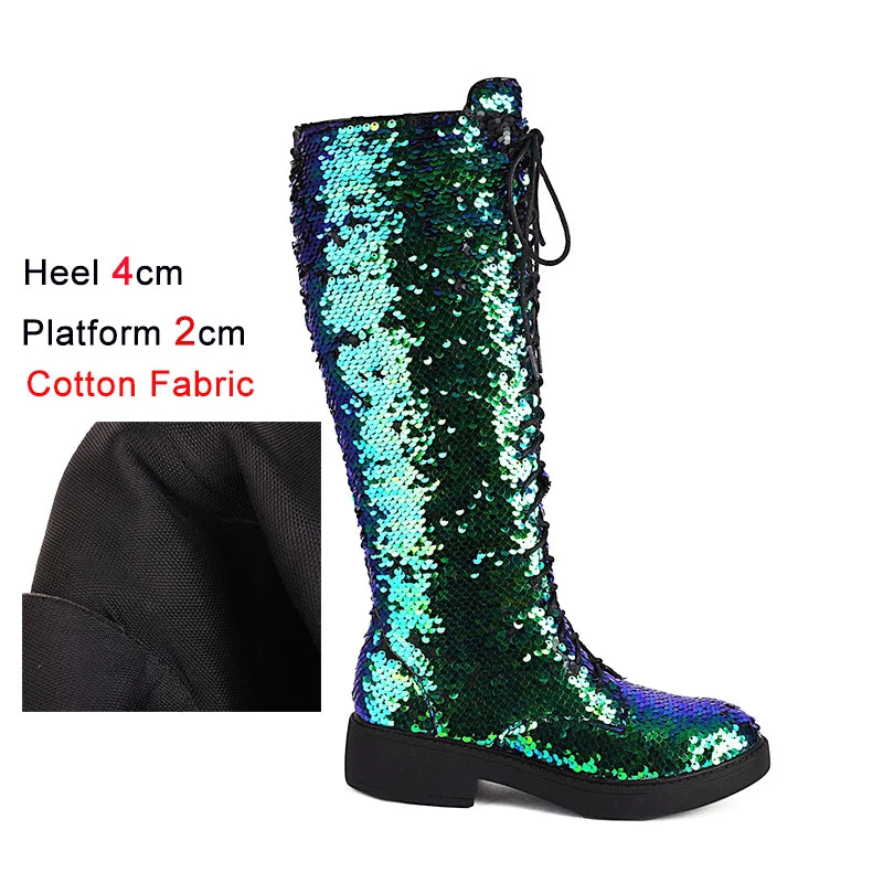 Knee-High Boots Women Flat Gothic Fashion Low Heel Shoes Autumn Winter Sequins Heels Bling Bling Silver Luxury Womens Long Boots