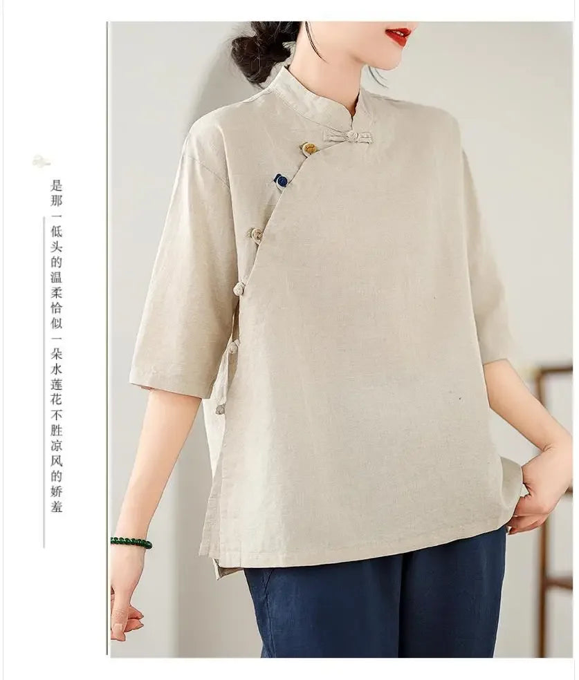 Women's Retro Linen Short-Sleeved Top