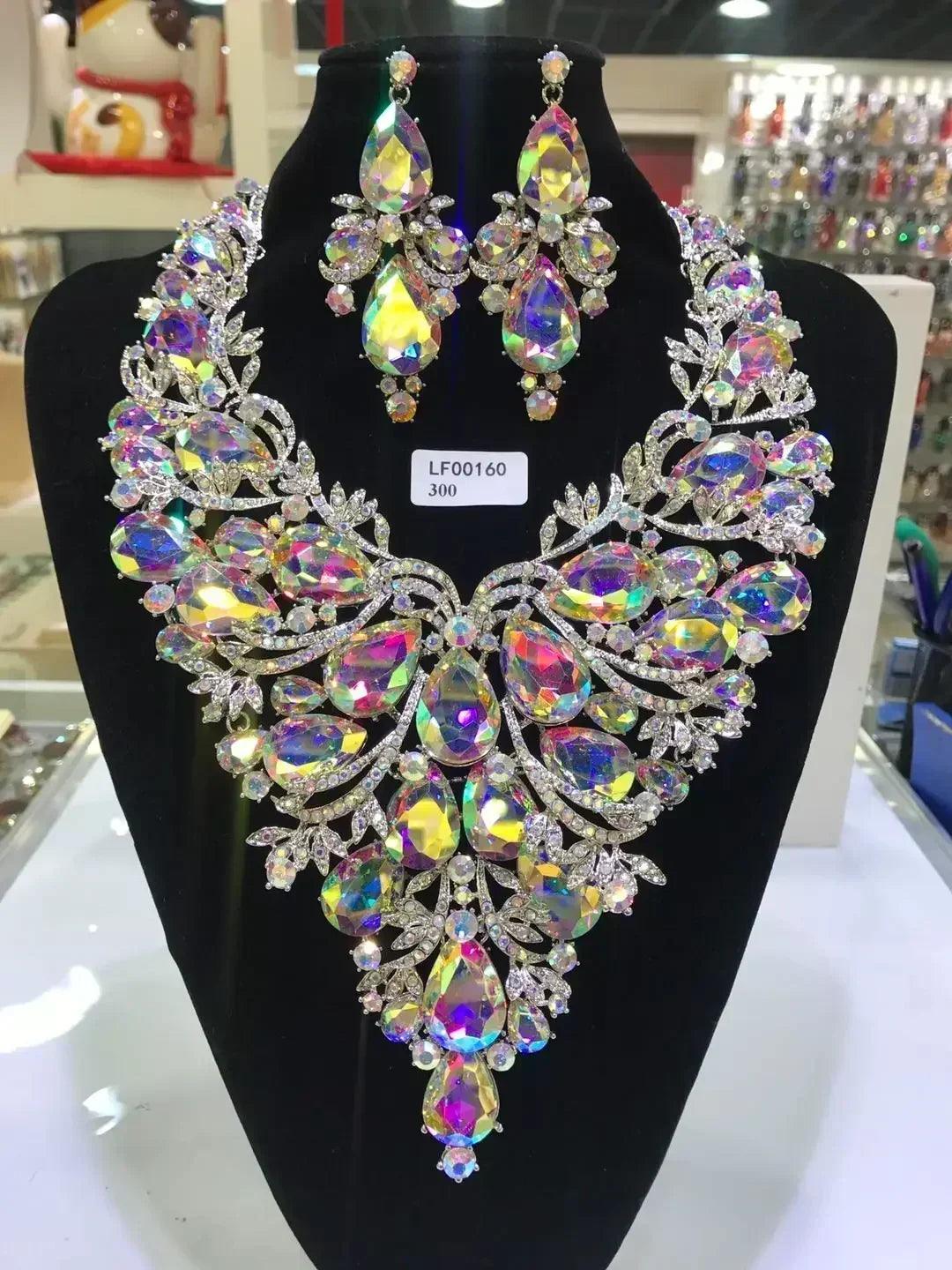 Women luxury necklaces set wedding delicate fashion jewelery crystal rhinestone earrings jewelry sets