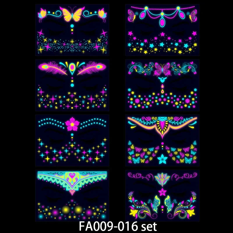 Temporary Fluorescent Tattoos Flower Feather Animals Pattern Body Arm Leg Face Stickers Night Bar Party Music Festival