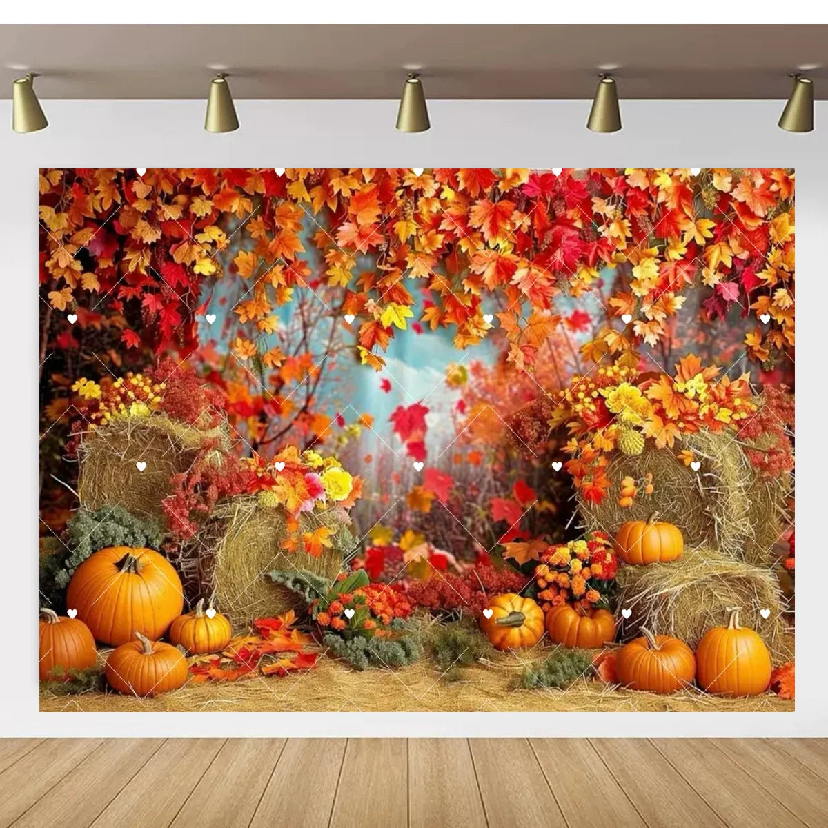 Autumn Thanksgiving Party Photo Backdrop Farm Harvest Maple Leaves Sunflowers Scarecrow Pumpkin Backdrop Poster Studio Photozone