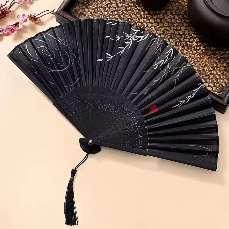 Hand Folding Fan BambooSilk Chinese Fan Hand Women Black Fan Summer Female Dance Hand Folding Fan Party Gift Hand Fans For Women
