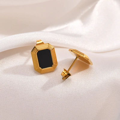 Rectangular Stud Earrings for Women, 18K Gold Plated Statement Earring, Stainless Steel Black Nature Stone Ear Jewelry