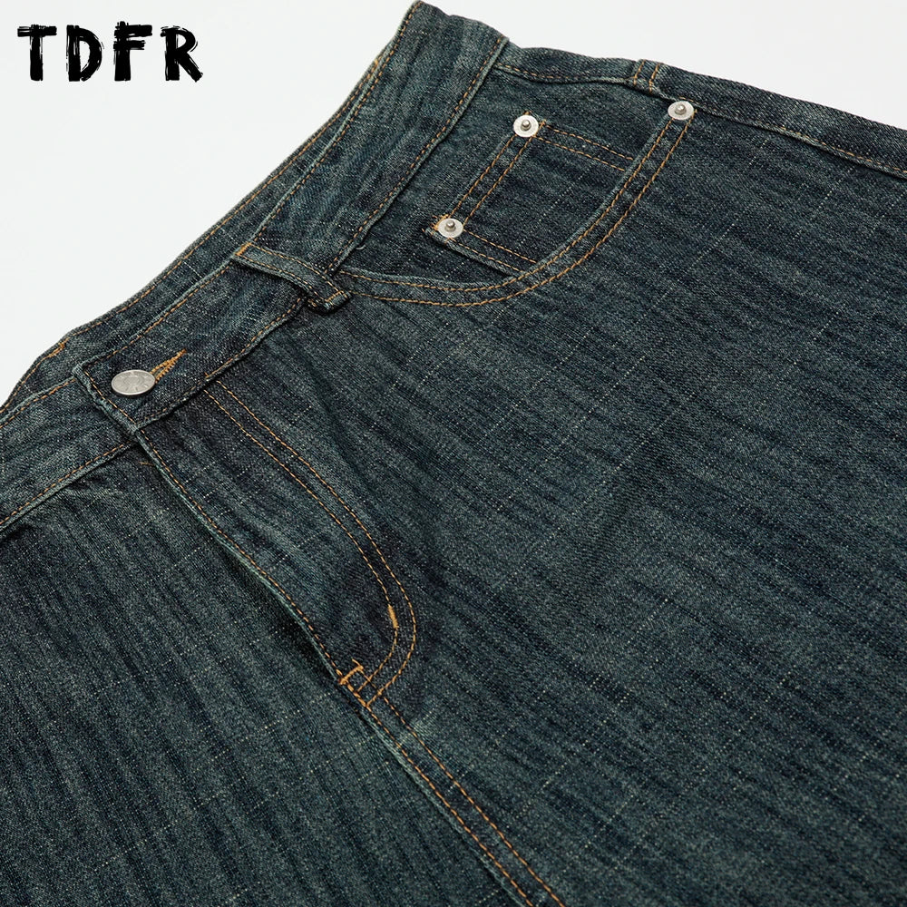 Retro Jacquard Denim Shorts Mens Pocket Summer Streetwear Washed Distressed Loose Wide Leg Short Jeans Men