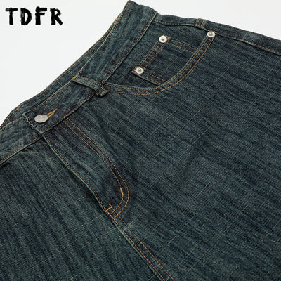 Retro Jacquard Denim Shorts Mens Pocket Summer Streetwear Washed Distressed Loose Wide Leg Short Jeans Men