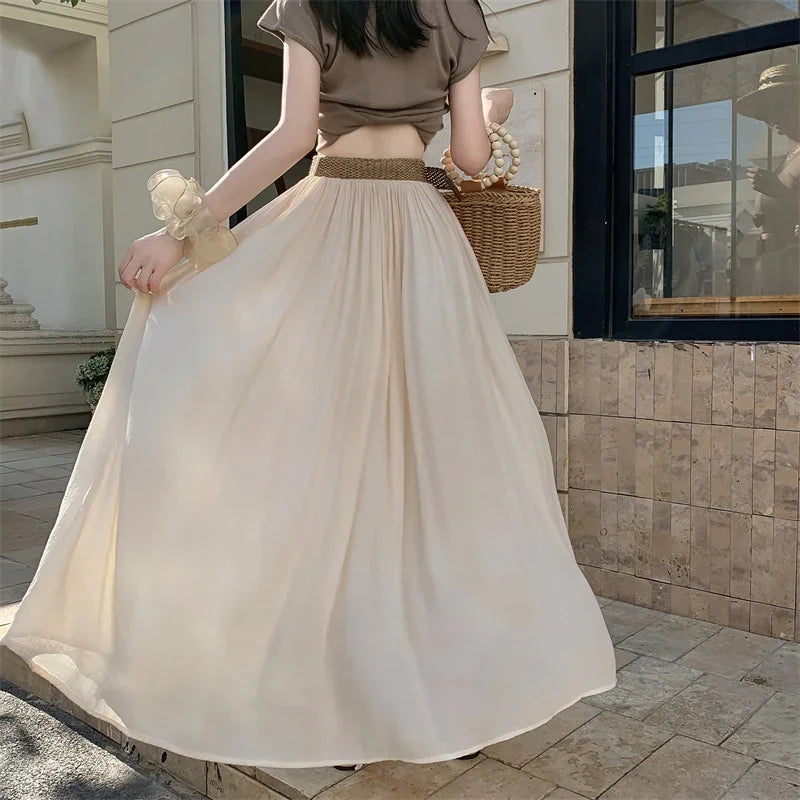 2025 New High Waisted Cotton Linen Pleated Midi Skirt – Summer Flowy A-Line Maxi Skirt for Women, Breathable & Elegant