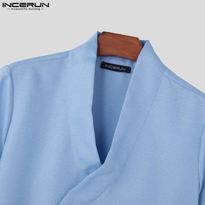 INCERUN Tops 2024 American Style New Men Diagonal Placket Texture Belt T-shirts Summer Casual Solid Short Sleeved Camiseta S-5XL