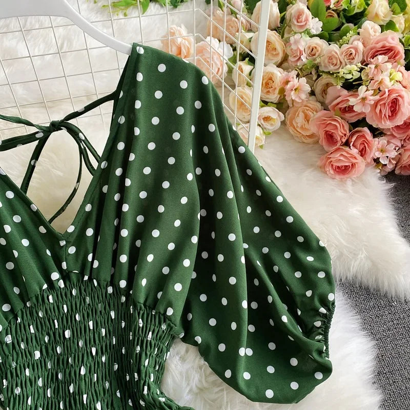 V Neck Sexy Dolman Sleeves Waist Slim Polka Dot Print Jumpsuit Women Wide Leg Trousers Jumpsuit