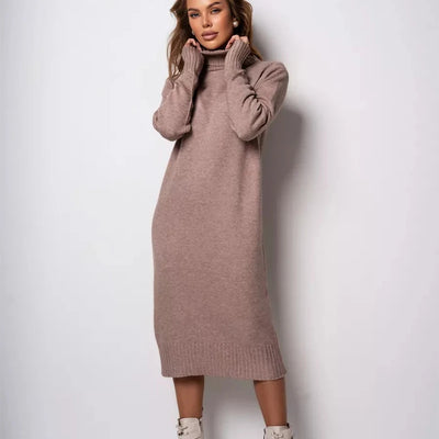 Ribbed Turtleneck Knitted Dress Women Autumn Winter Basic Long Sleeve Sweater Dress Woman Solid Color Long Dresses Female
