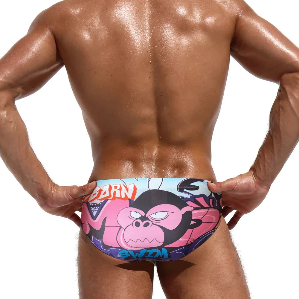 Summer New Swimwear Sexy Mens Cartoon Print Bathing Suit Quick Dry Breathable Swim Briefs Fashion Male Beach Surfing Underwear