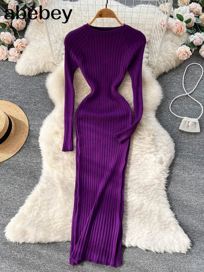 Women Autumn Knitted Dress O Neck Sexy Slim Elastic Oversized Basic Bodycon Long Dress Winter knit Warm Sweater Dresses