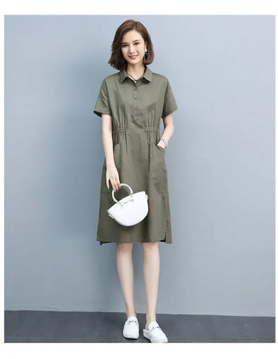 Summer Vintage Dresses for Women 2024 New Casual Loose Cotton Polo Collar Short Sleeve Office Lady Pleated Dresses Vestidos